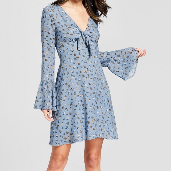 Xhilaration Dresses & Skirts - NWT Bell Sleeve Floral Blue Dress w/ Front Tie